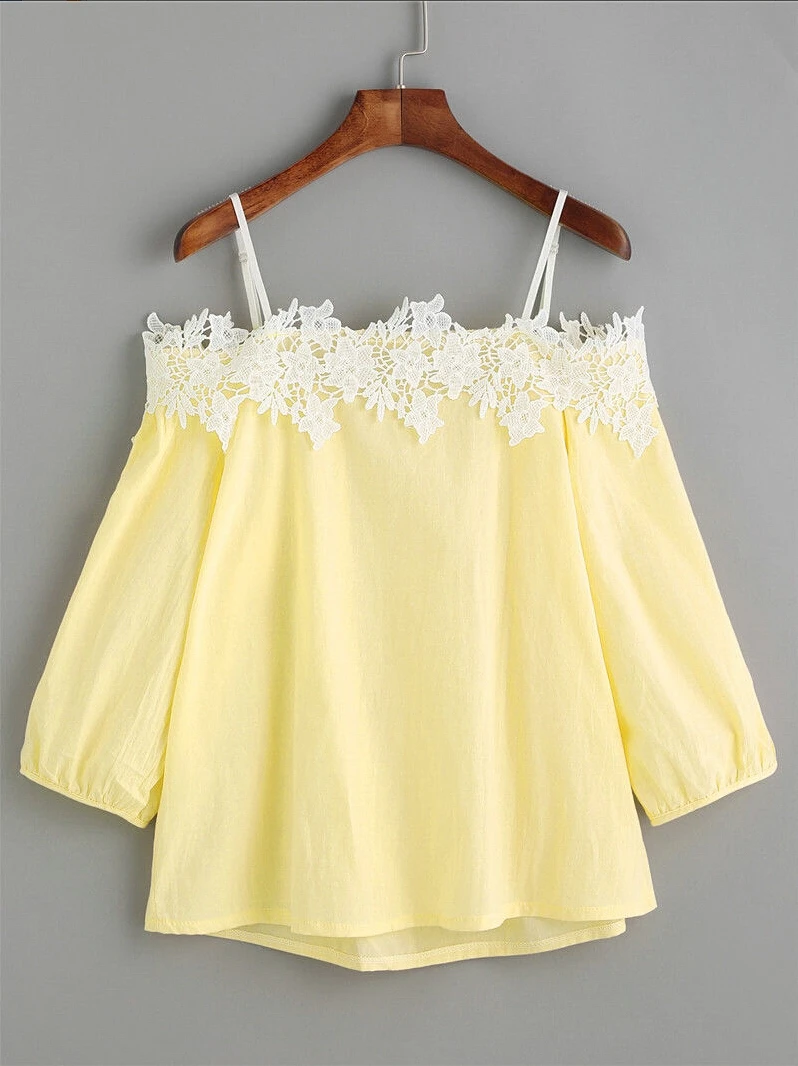 

2017 Fashion Summer Women Lace Off Shoulder Blouse Yellow Lake Blue Long Sleeve Slash Neck Tops Casual Shirts Blouse