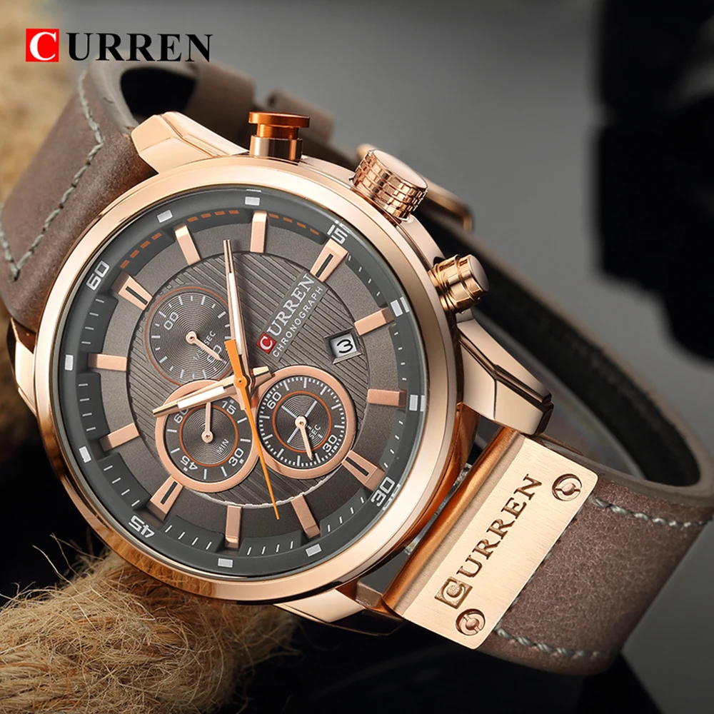 Mens Watches Top Brand Luxury Fashion Casual Waterproof Chronograph Date Genuine Leather Sport Military Male Clock CURREN 8291
