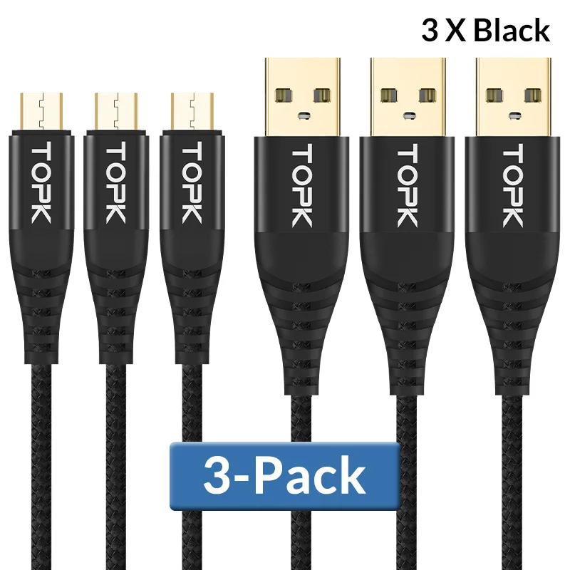 TOPK [3-Pack] 1 м высокопрочный нейлоновый Плетеный 2 а быстрый Micro USB кабель для samsung Xiaomi huawei LG Tablet Android USB кабель для передачи данных - Цвет: Черный