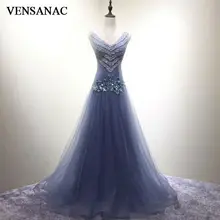 VENSANAC New 2017 A Line Lace Appliques V Neck Long Evening Dresses Sleeveless Elegant Crystals Sweep