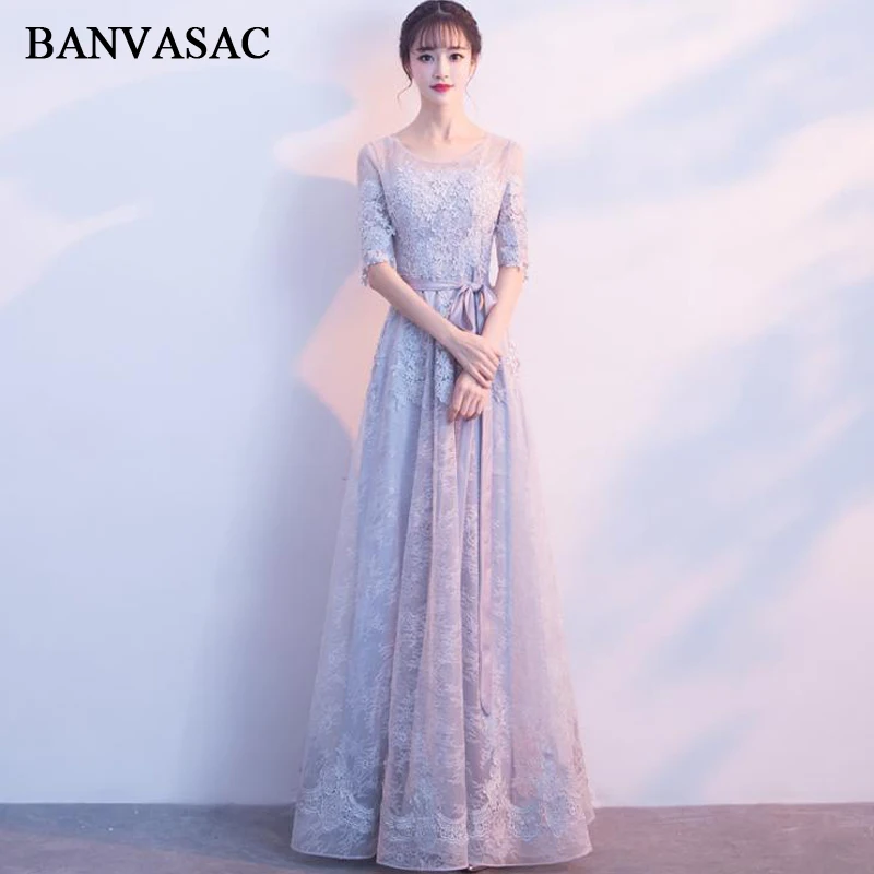 

BANVASAC 2018 A Line O Neck Lace Embroidery Long Evening Dresses Elegant Tulle Party Half Sleeve Sash Prom Gowns