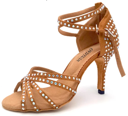 WUXIJIAO новые удобные бронза/фиолетовый/красный атлас Женская Латинская танцевальная обувь и стразами бальные танцы обувь на каблуках - Цвет: Bronze heel 85mm