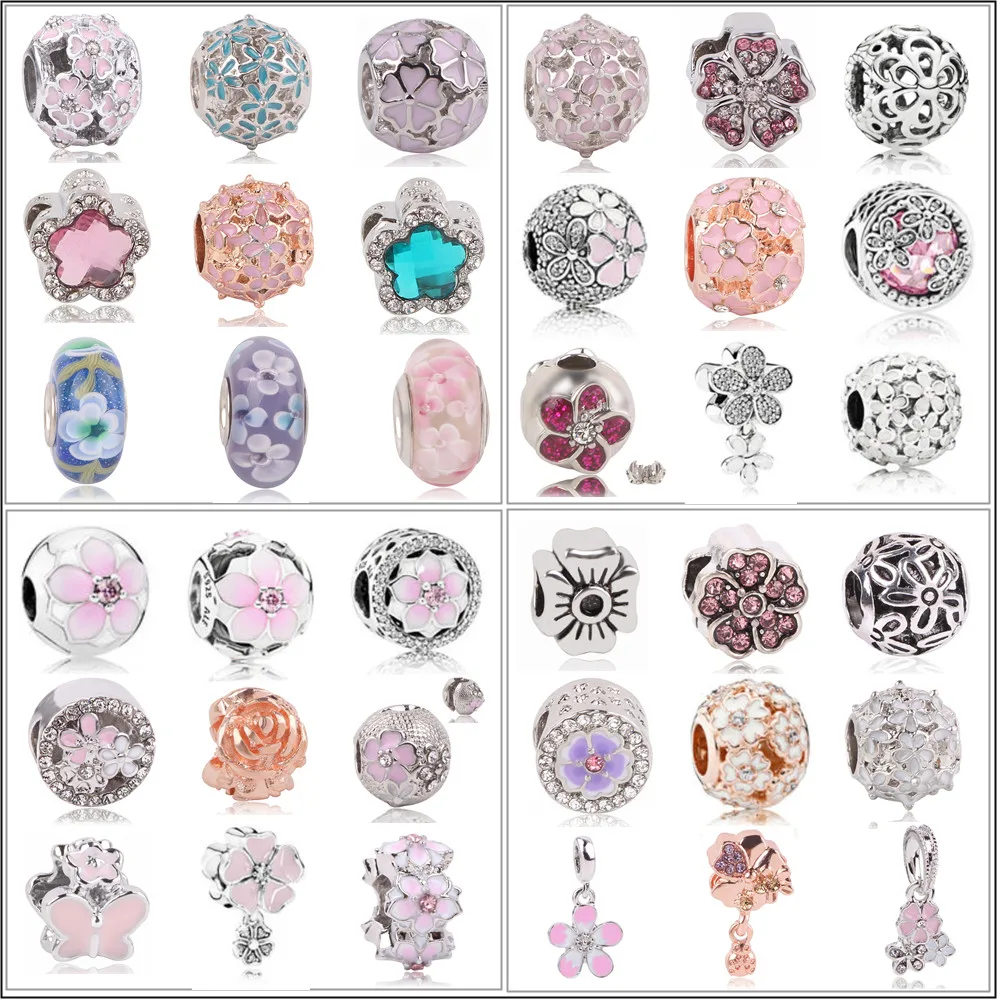 

AIFEILI Fits European Pandora Charm Bracelets 2019 New 1pc Silver Spring Light Pink Magnolia Flower Clip Bead Charms