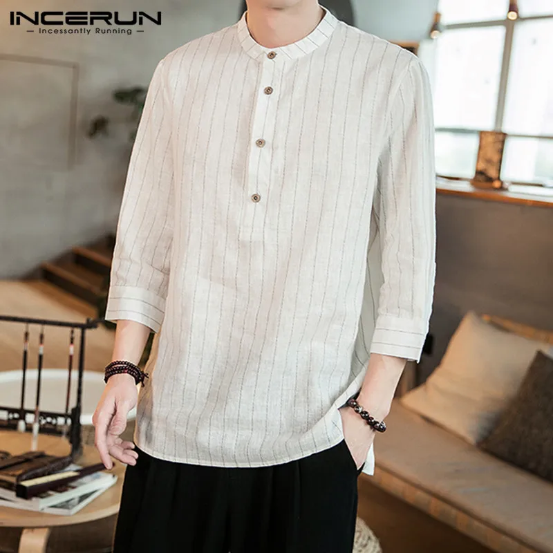 INCERUN/весенне-летняя однотонная Новая мужская рубашка с воротником-стойкой в полоску, модные футболки в повседневном стиле с рукавами в китайском стиле