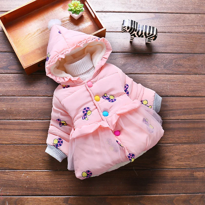 2018 Baby Girl Clothes Winter Warm Coat Kids Beautiful Print Thicken Hooded Jacket 0-3 Years Children Plus Velvet Wear Hot Sale
