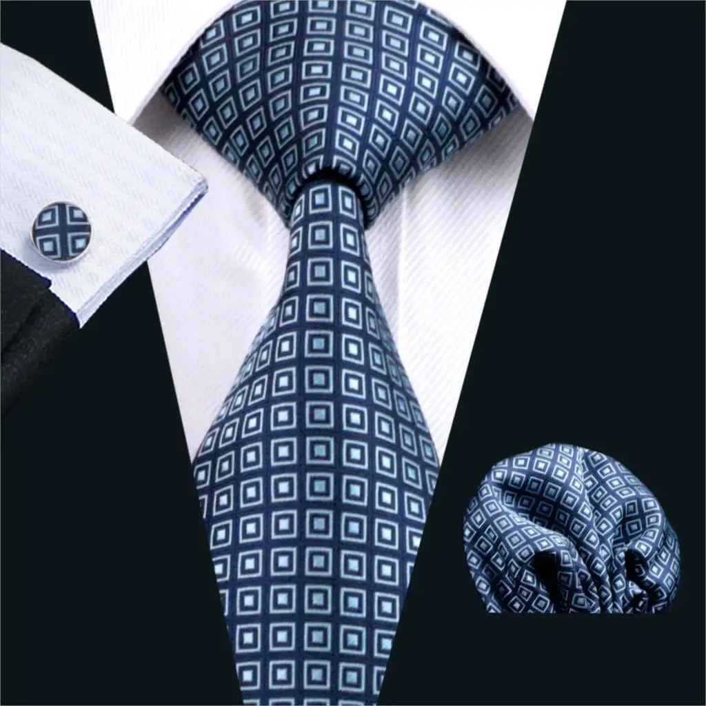 Fa-505 мужские галстук синий геометрический 100% шелк жаккард галстук Ханки Запонки Набор Бизнес Свадебная вечеринка Галстуки для Для мужчин;