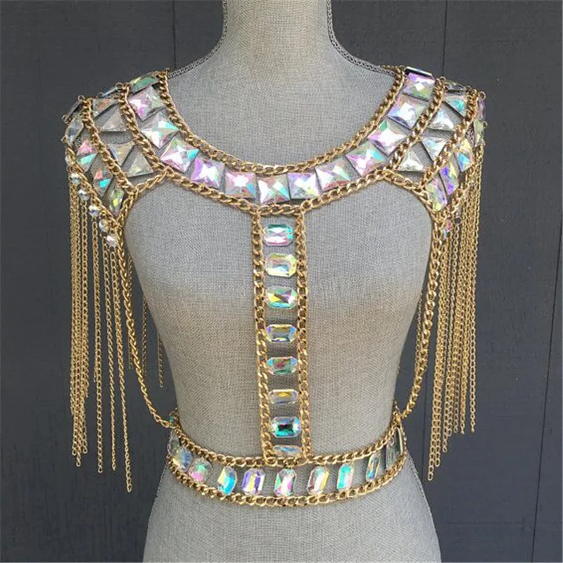 

Women's Body Chest Crystal Crop Top Punk Tops Metal Chain Tassel Camis Clubwear Cami Female Tank Tops Rhinestone