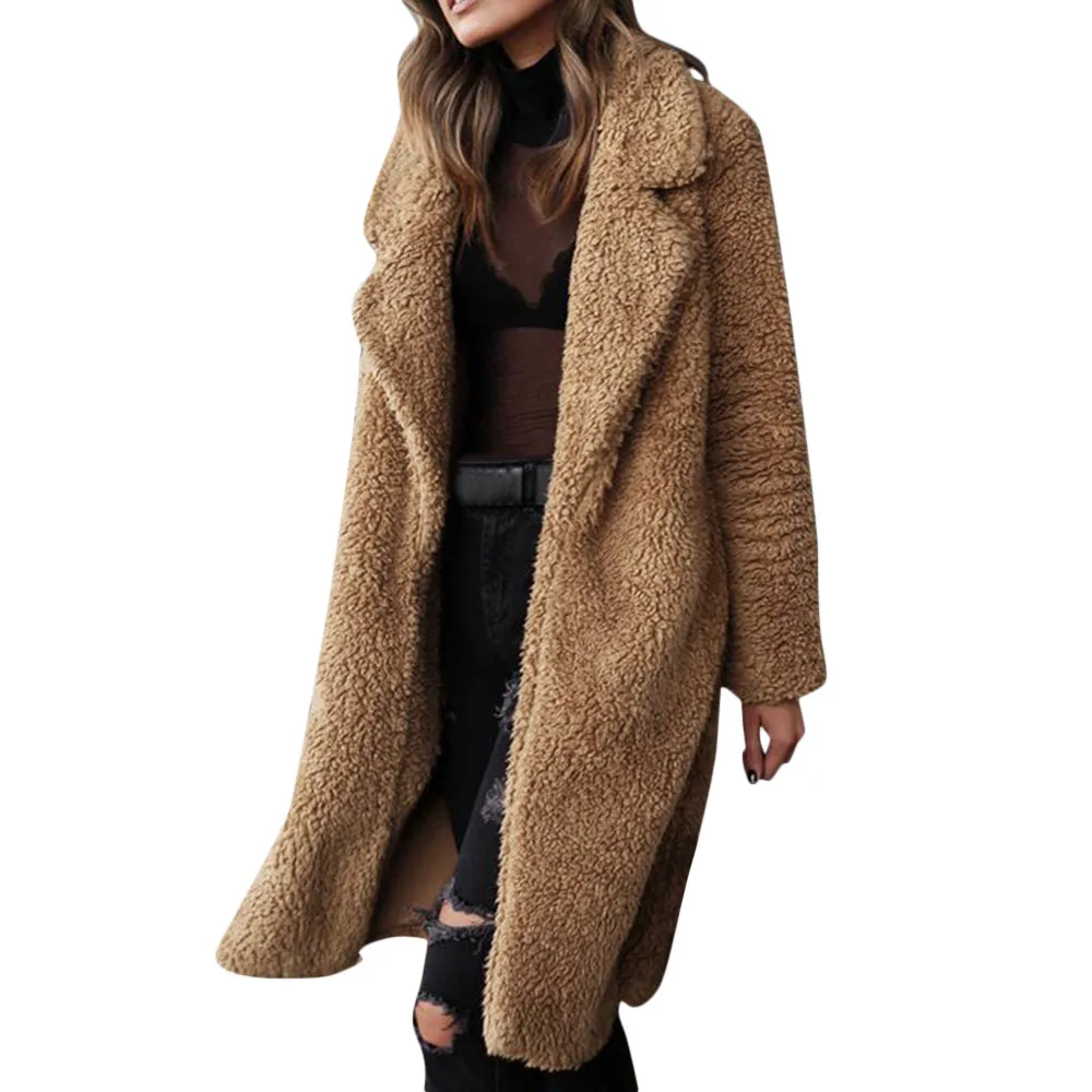

Winter Fashion Women Long Sleeve Open Front Jacket Coat Long Outerwear female jackets wool Solid Color fur coat