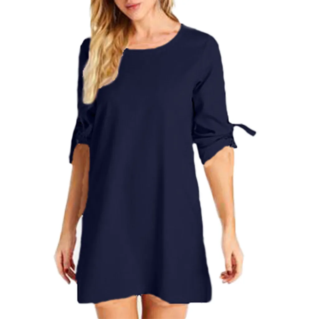 

2019 Summer Sundress Women Beach Fashion Cute Straight Round Neck Temperament Three Quarter Solid Color Mini Dress L604
