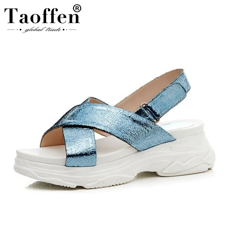 

TAOFFEN Solid Colors Simple Metal Buckle Real Leather Fashion Sandals Sneakers Hot Ins Platform Summer Shoes Women Size 34-39