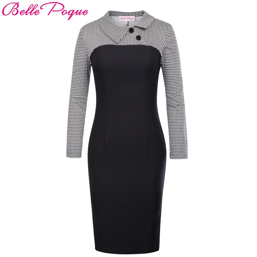 

Women Elegant Business Sheath Pencil Dress 2018 Vintage Autumn Winter Patchwork Long Sleeve Work Office Party Bodycon Dresses