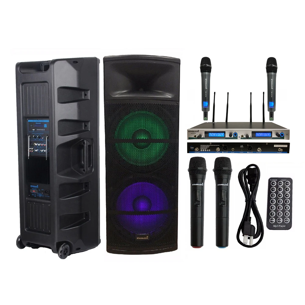 

STARAUDIO Dual 15" Active 5000W DJ Powered KTV Stage LED Light Speaker PA Speaker 2CH UHF PLL Wireless Handheld Mic SDMN-15RGB