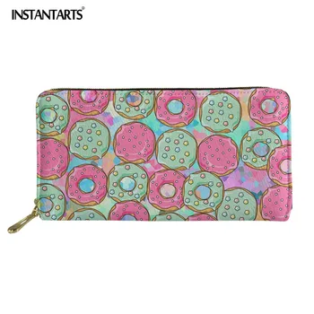 

INSTANTARTS Doughnut Fruit Food Prints PU Wallet Custom Design Zipper Women Long Purse Coin Phone Cards Pouch Cash Bag Female
