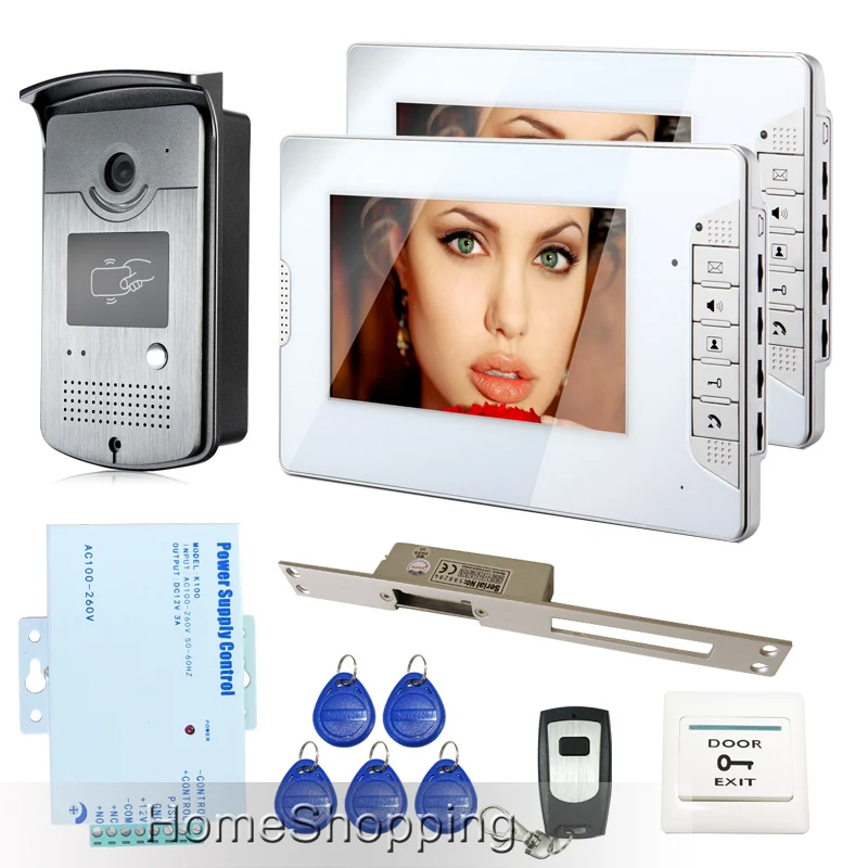 

New 7 inch Screen Video Door Phone Intercom Kit 2 White Monitor + RFID Access Doorbell Camera + 250mm Strike Lock FREE SHIPPING