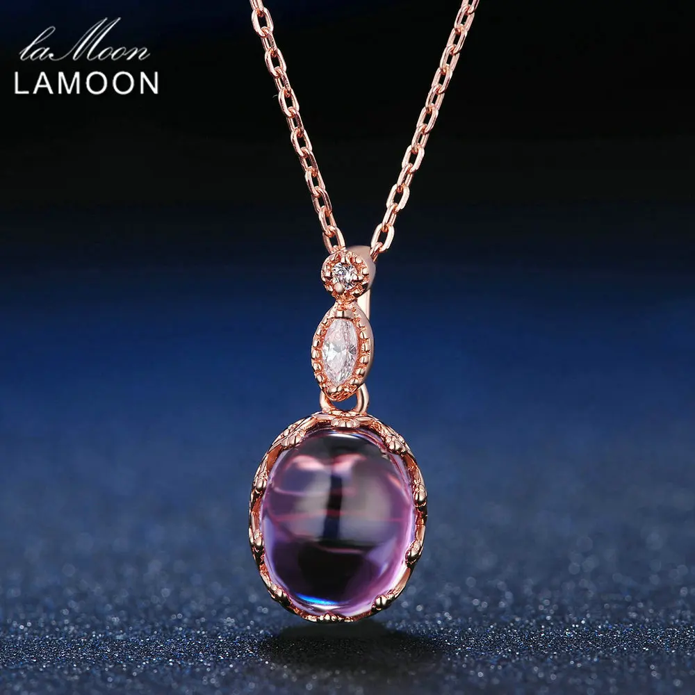 

LAMOON Women Long Pendant Necklace 925 Sterling Silver Jewelry 3.2ct Natural Purple Amethyst Mosaic Piercing Pendants Necklaces