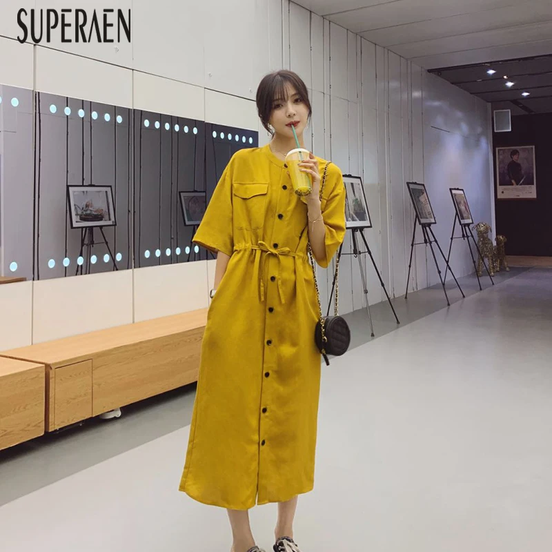

SuperAen Harajuku Fashion Women Dress Cotton and Linen Summer New 2019 Ladies Dress Round Neck Single-breasted Women Clothing