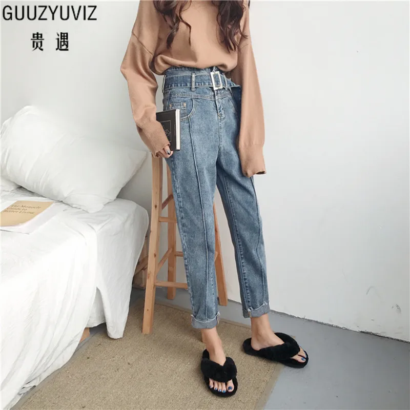 

GUUZYUVIZ High Waist Boyfriend Jeans For Women Casual Loose Vintage Belt Denim Haren Pants 2018 Spring Big Size Chic Jeans Women