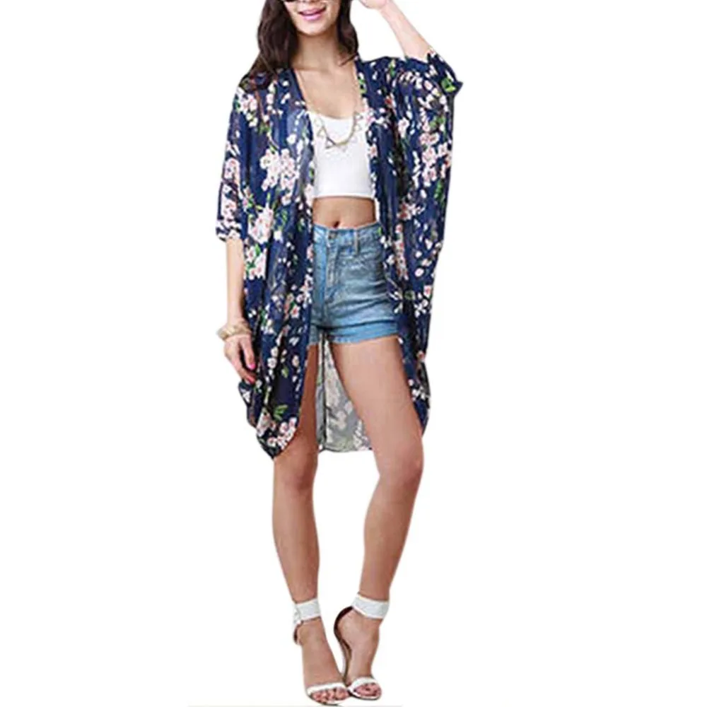 Fashion Women Summer Blouse Boho Kimono Cardigan Floral Printed Half Sleeve Loose Long Beach