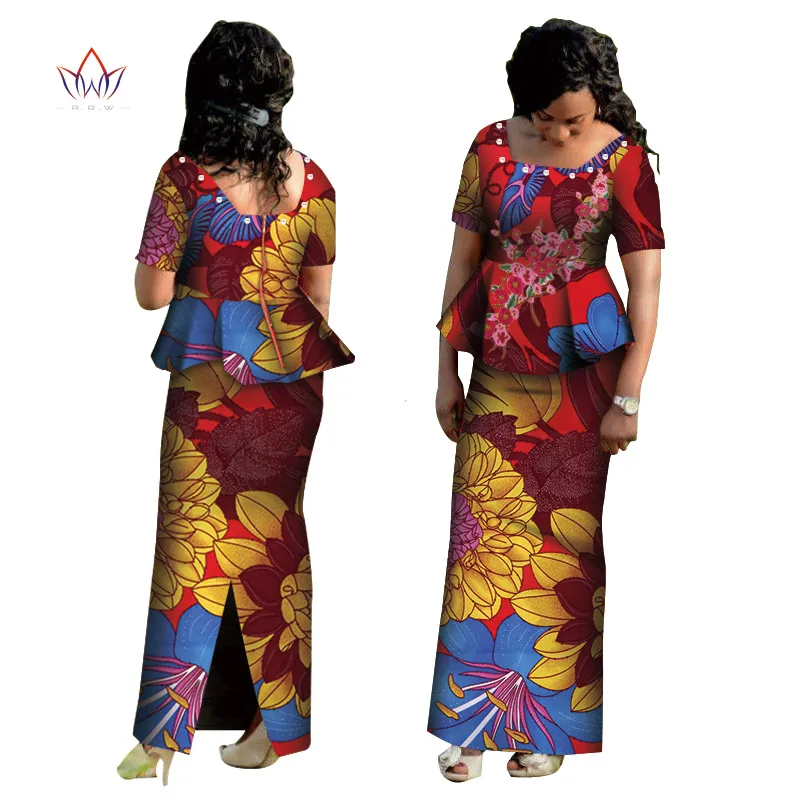 Африканские платья для женщин Базен Riche африканская одежда 2 шт. комплекты Дашики женский Принт аппликация расшитый жемчугом топ и юбка