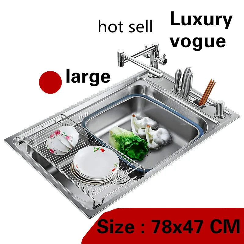 

Free shipping Apartment vogue kitchen single trough sink multifunction do the dishes 304 stainless steel big hot sell 78x47 CM