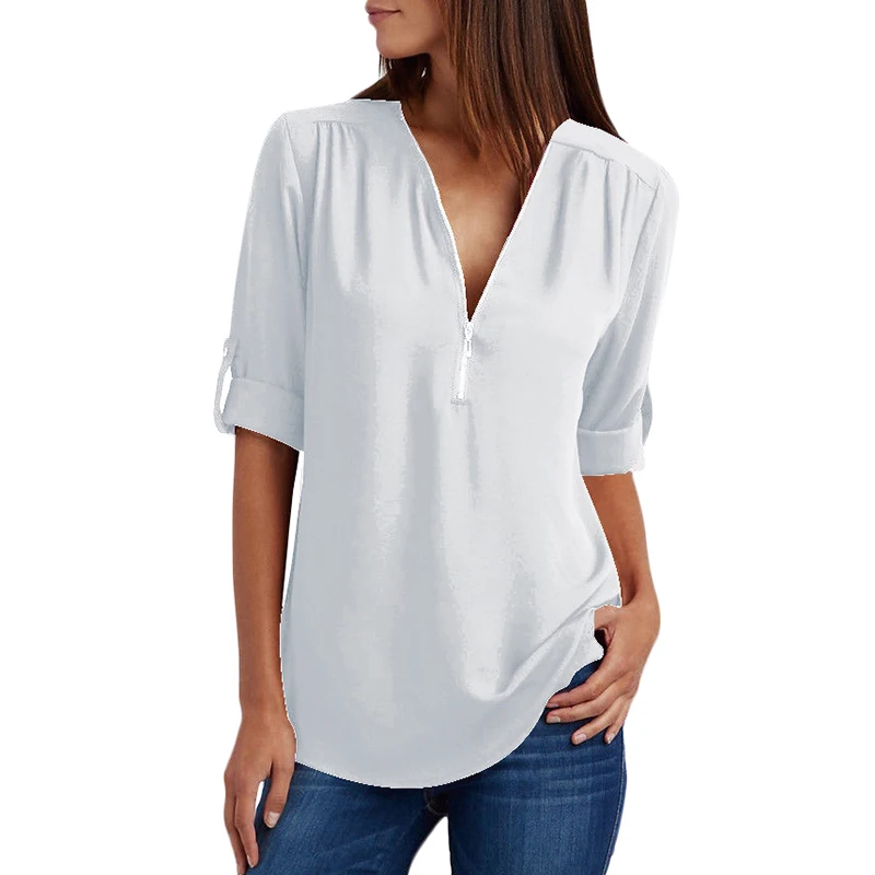 

Womens Tops and Chiffon Blouses V-neck Roll Up Sleeve Zipper Autumn Tunic Tops 3XL 4XL 5XL Plus Size Casual Loose Shirts female