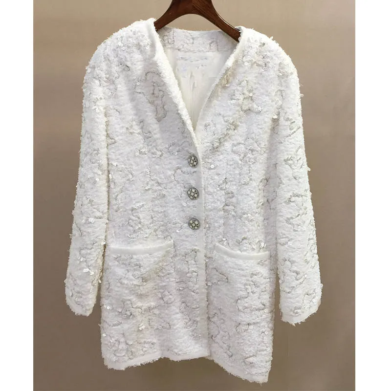 

Cosmicchic 2019 Women Tweed Jacket Long Sleeve V Neck White Coat Enamel Button Sequins Elegant Runway Coat Camellia Lining