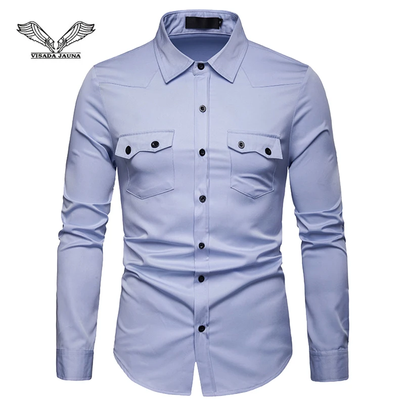 

VISADA JAUNA European Version Of Men's Business Lapel Casual Large Size Long-Sleeved Shirt Size S-2XL TLH39
