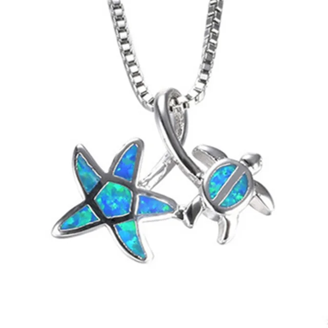 FDLK  Hot New Arrival Cute Ocean Beach Jewelry Blue Opal Sea Turtle 1PC Allergy Free Adjustable Pendant Necklace Starfish