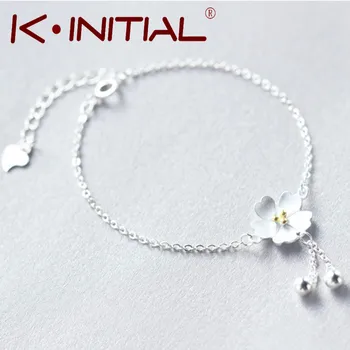 Kinitial 1Pcs 925 Silver Charm Flower Bracelet Sakura Chain With Cherry Blossoms Fashion Ball Dangle Pendant Women/Girls Jewelry