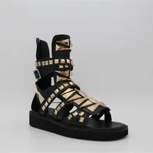 Золотые заклепки Роскошные первоклассные индивидуальные высокие римские сандалии из натуральной кожи плоские повседневные Босоножки на платформе