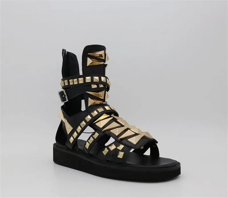 

Golden rivets luxury high end customized high top genuine leather roma sandals platform flat casual sandals