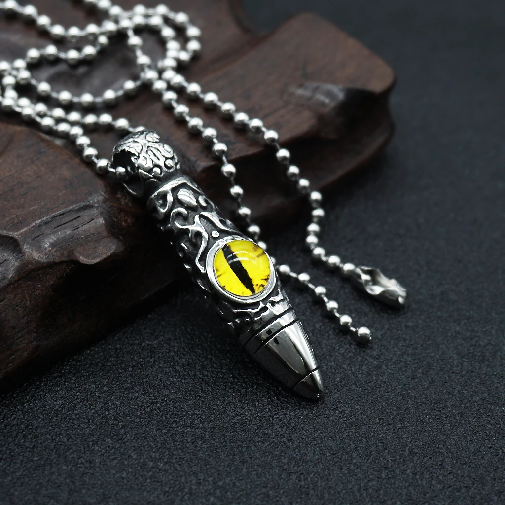 Vintage Stainless Steel Bullet Shape Evil Eye Pendant Ball Chain Necklace Fashion Punk Mens Jewelry