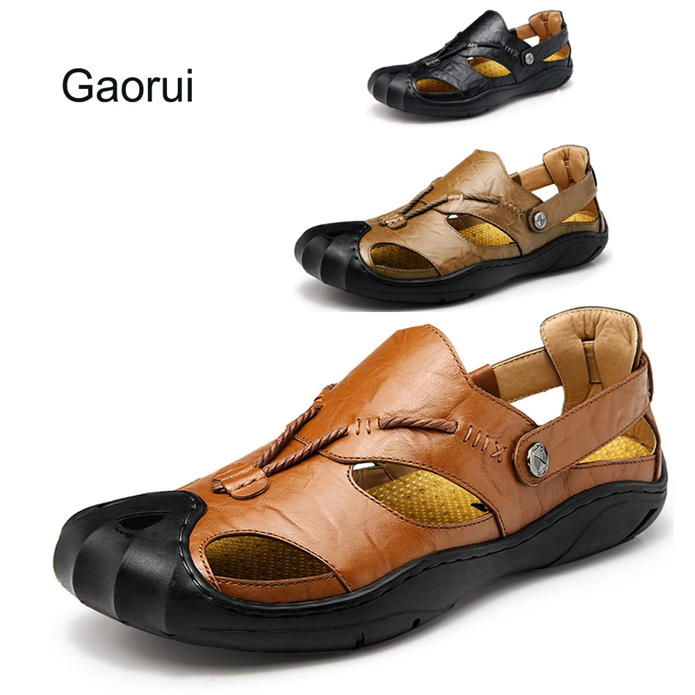Gaorui New Men Boys Closed Toe Beach Sandals Outdoor Soft Leather Antiskid Casual Shoes