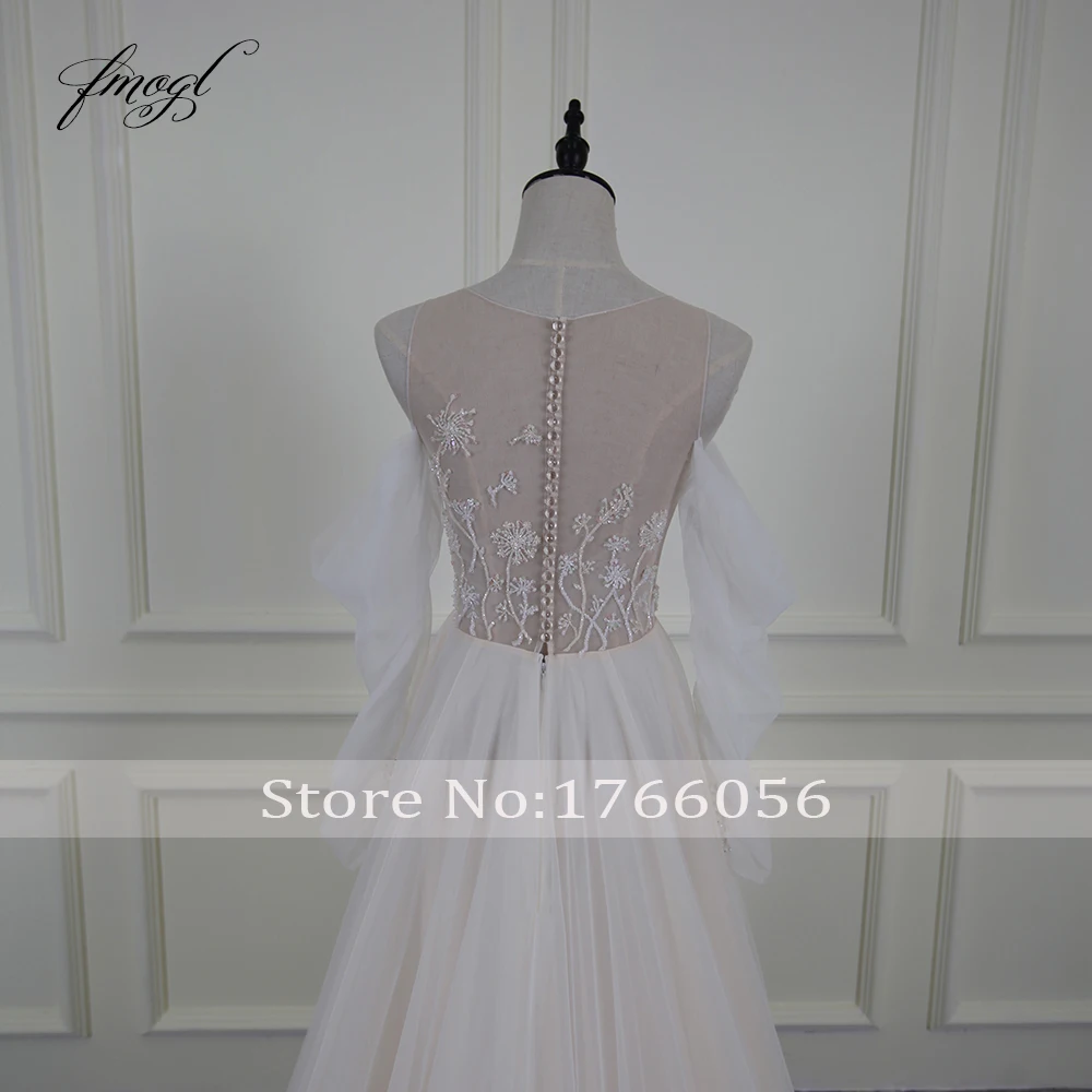 Fmogl Vestido De Noiva Сексуальная Иллюзия Пляжные Свадебные платья 2019 V шеи бисером жемчуг