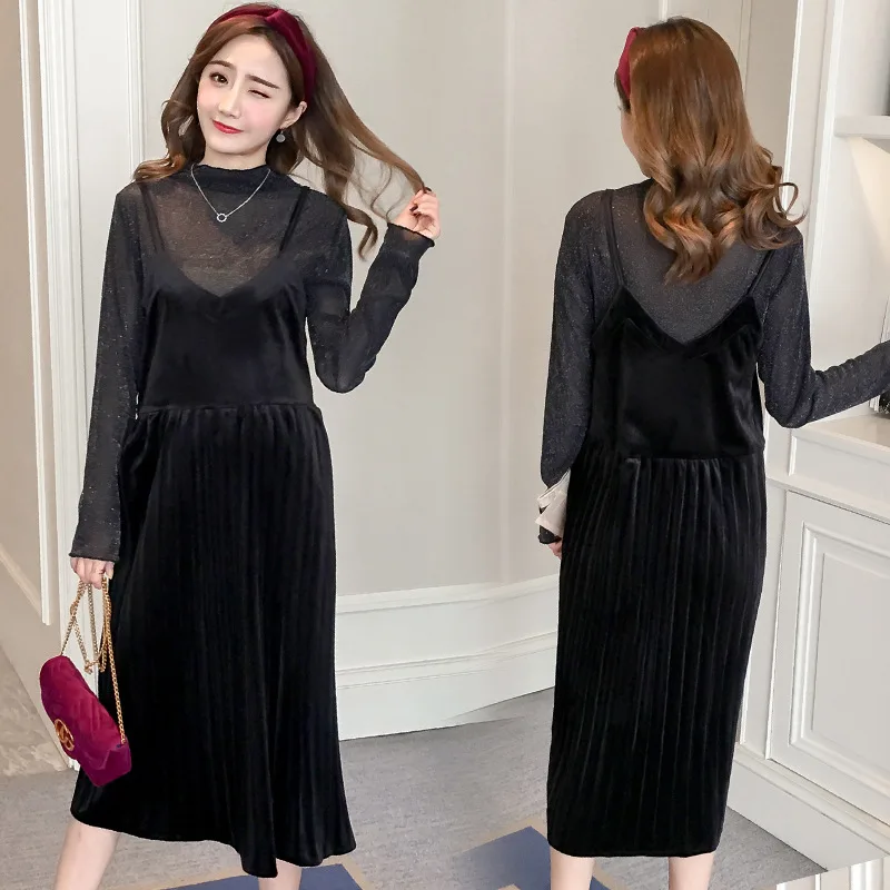 

2019 Spring Autumn Maternity Velvet Set (Top+Dress)Pregnant Women Dress Mesh Two-piece Set Pleated Strap Dress Maternity Dress