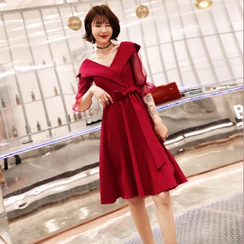 

Turn-down Collar Burgundy Women Chinese Prom Dress Qipao Lace Hollow Out Patchwork Evening Party Gown Sexy Exquisite Cheongsam