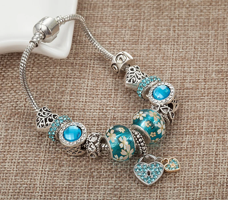 VIOVIA Горячая сердце браслет с подвеской для женщин синие браслеты с бусинами из кристаллов B16071
