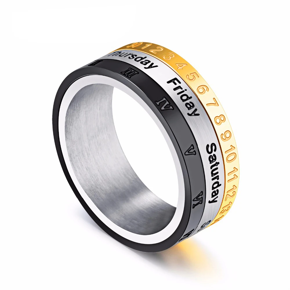 

Glamour Luxury Three Colours Stainless Steel Roman Nunbers Turn Ring Calendar Week for Men Women Birthday Anniversary Gifts