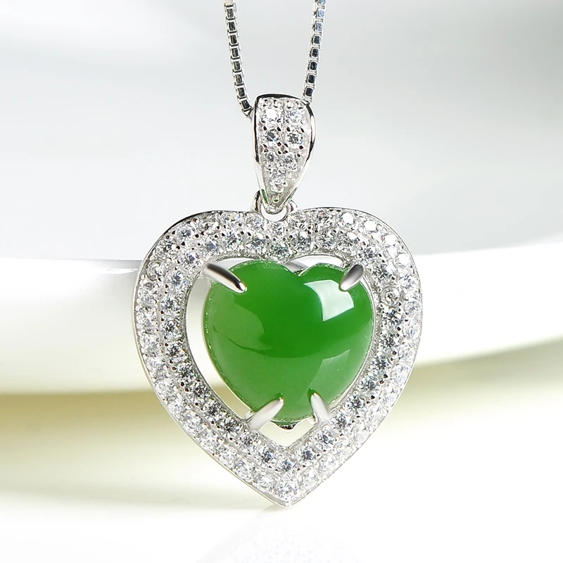 

New Arrival Real S925 Sterling Silver Green Jade Women's Heart Pendant