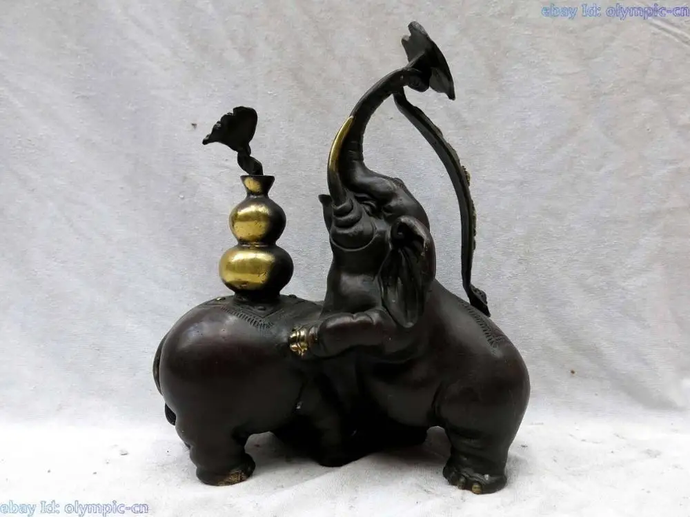 

10" China bronze fine workmanship carved money calabash two elephant Statue (D0426)
