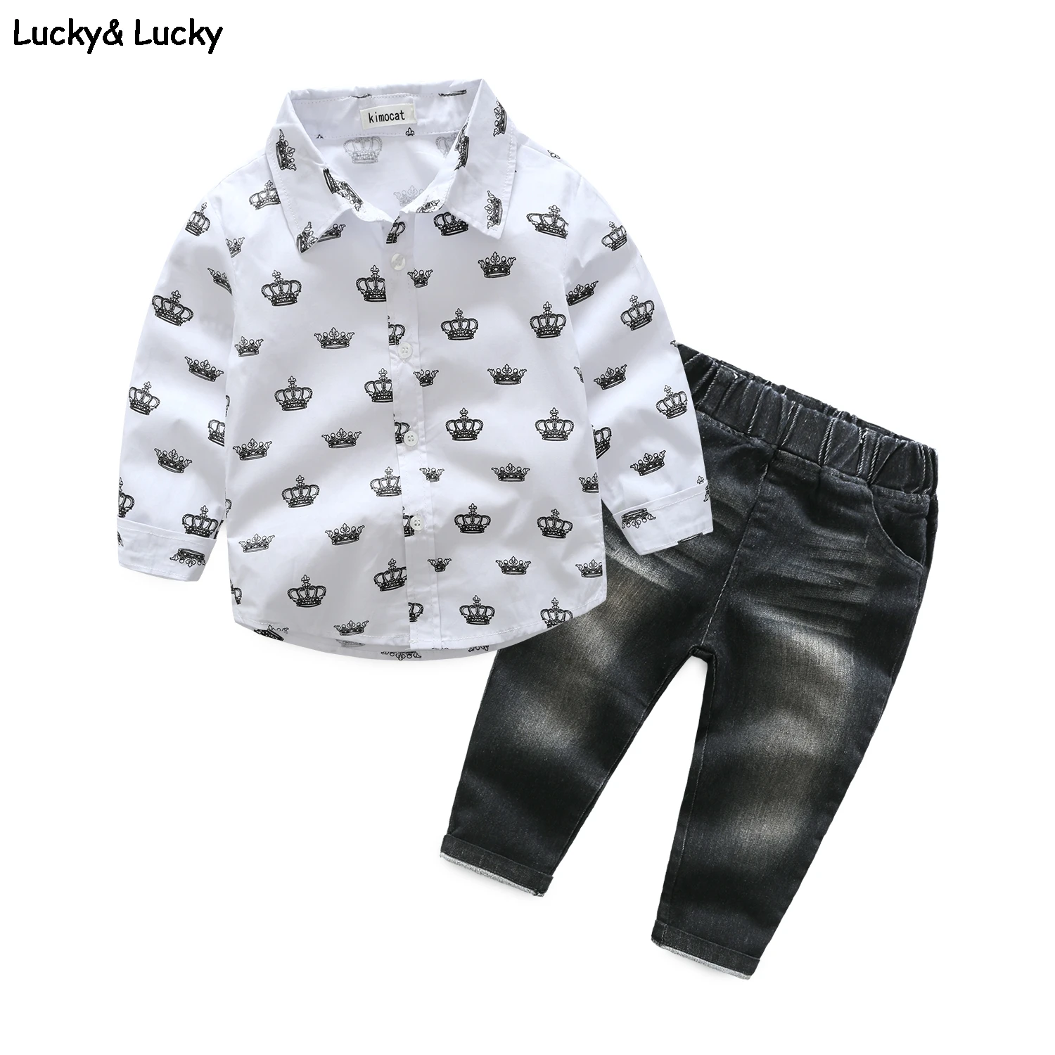 Корона с принтом детская одежда Одежда для мальчиков с длинными рукавами джентльменский комплект одежды 2 шт./компл. рубашка+ джинсы