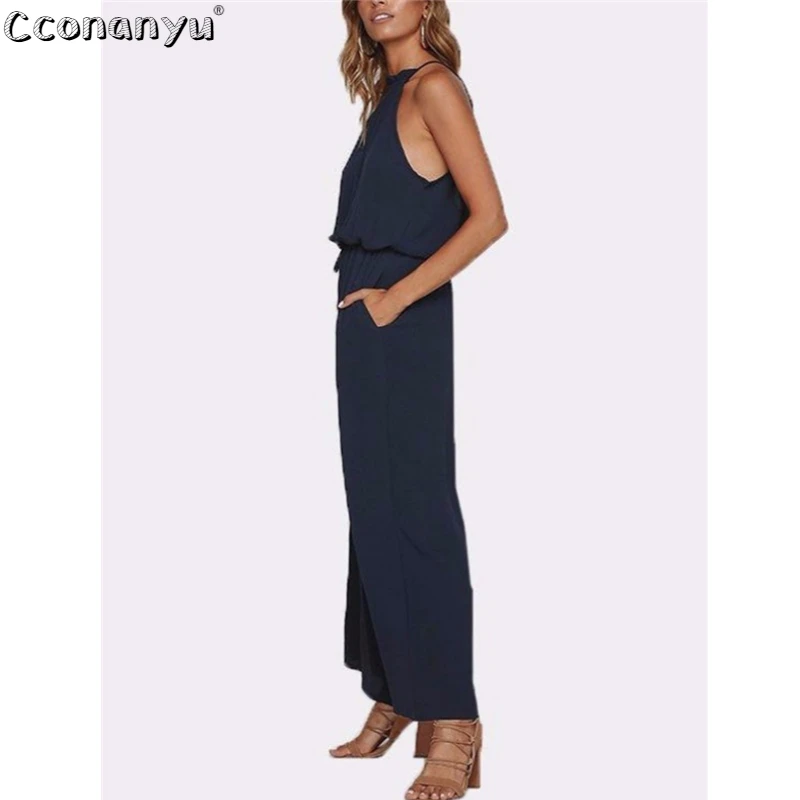 2019 Summer Sleeveless Wide Leg Solid Jumpsuit Sexy Women Halter Backless High Waist Loose Playsuit with Pockets Jumpsuits 2019 Summer Sleeveless Wide Leg Solid Jumpsuit Sexy Women Halter Backless High Waist Loose Playsuit with Pockets Jumpsuits