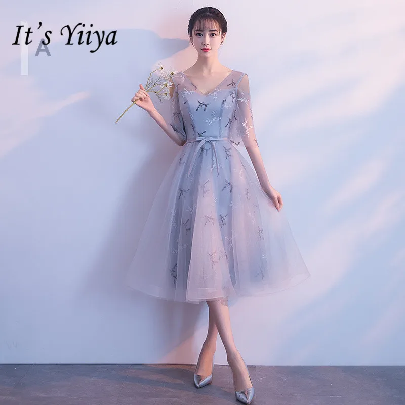 

It's YiiYa Fashion Embroidery V-neck A-line Bridesmaid Dresses Elegant Lace Mesh Gray Party Dress H124