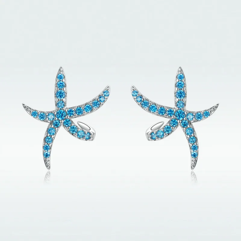 WOSTU Аутентичные 925 пробы серебро синяя Морская звезда серьги-гвоздики, блестящие Горячая Мода Серебро CZ серьги подарок на день рождения DAE136