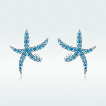 WOSTU Аутентичные 925 пробы серебро синяя Морская звезда серьги-гвоздики, блестящие Горячая Мода Серебро CZ серьги подарок на день рождения DAE136