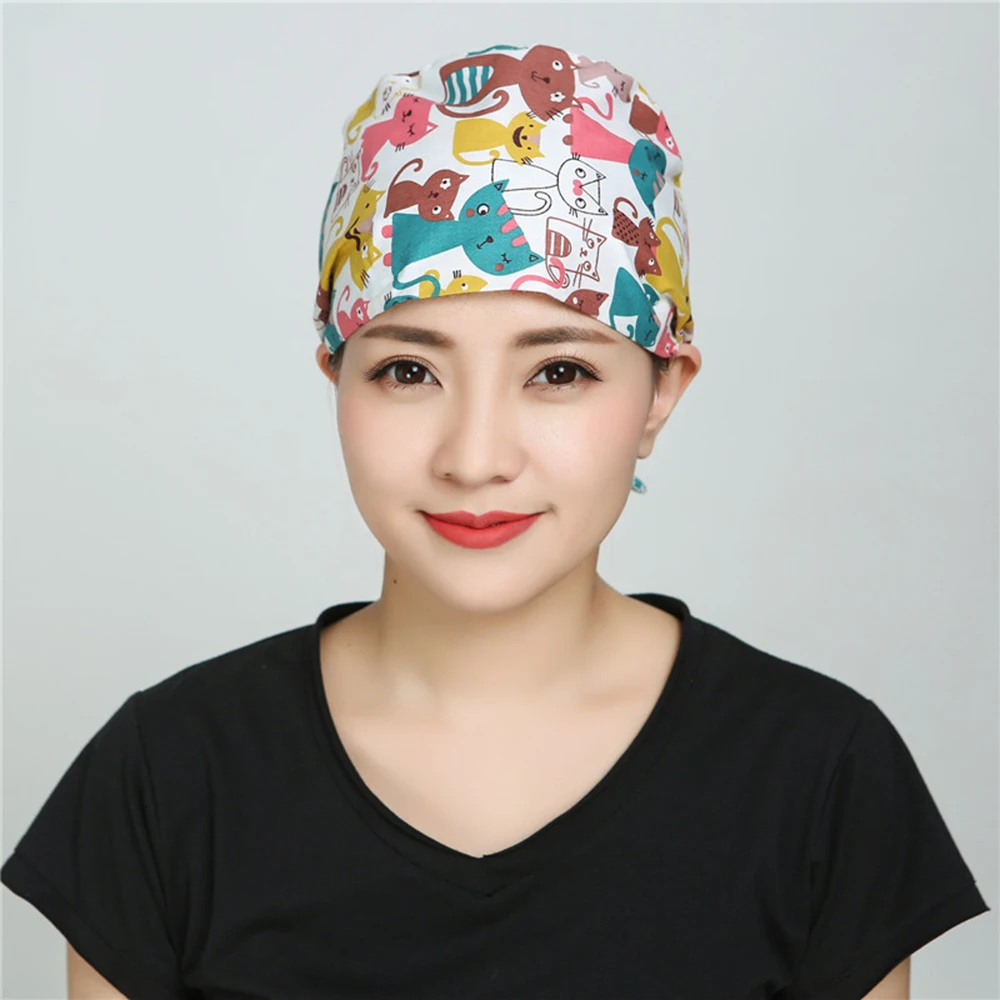Хлопковая кепка с цветочным принтом для работы с врачом пылезащитный головной убор для головы унисекс головной убор косметолога мультяшный Регулируемый купол для операционной комнаты розовый