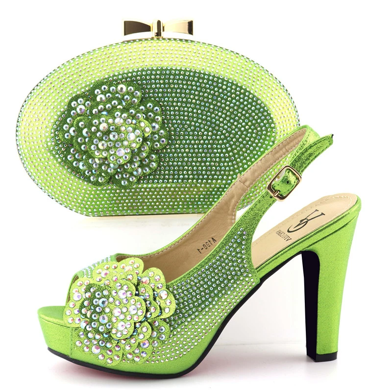 High heel 4.45 inches size 38 to 42 shoes and bag set lemon green