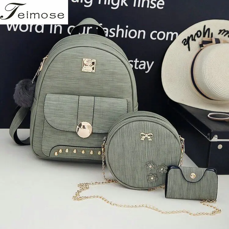 

3Pcs/Set Hot sales Small Women Backpacks female 2018 School Bags For Teenage Girls Black Bags Letter Sac A Dos Pu Leather Bag