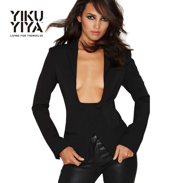 YIKUYIYA 2017 Solid Black Sexy Blazer Women Pockets
