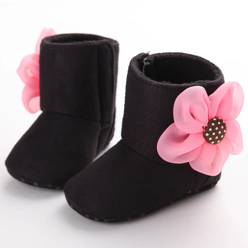 MiYuebb/детские ботинки с большим цветком для девочек; детская обувь для малышей; теплая удобная обувь для малышей - Цвет: black flowers
